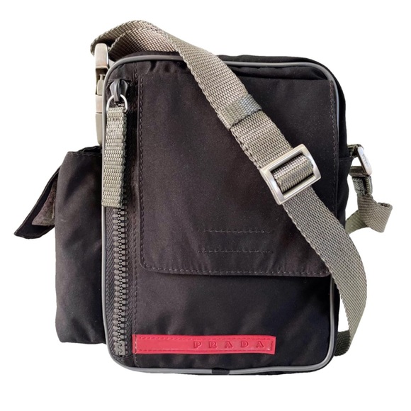 Prada 90s archive black tech fabric gray trim small multi pocket crossbody bag - Picture 1 of 9